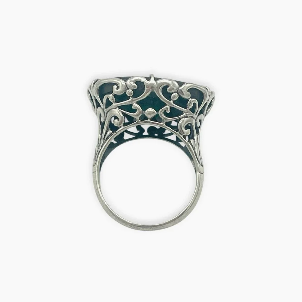 G 925 Sterling Silver Ring Large Abalone Paua Shell Scrollwork Raised Sz 7.75